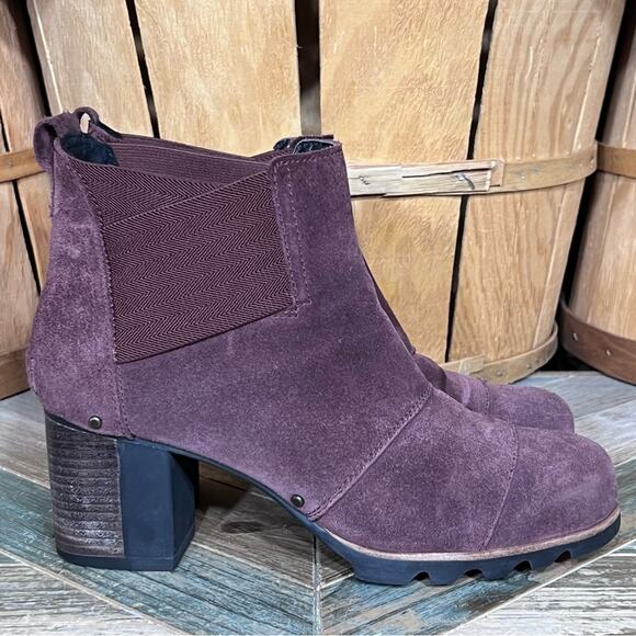 Sorel Addington Chelsea Burgundy Suede Chunky Heel Ankle Boots Womens Size 10 - Picture 1 of 11